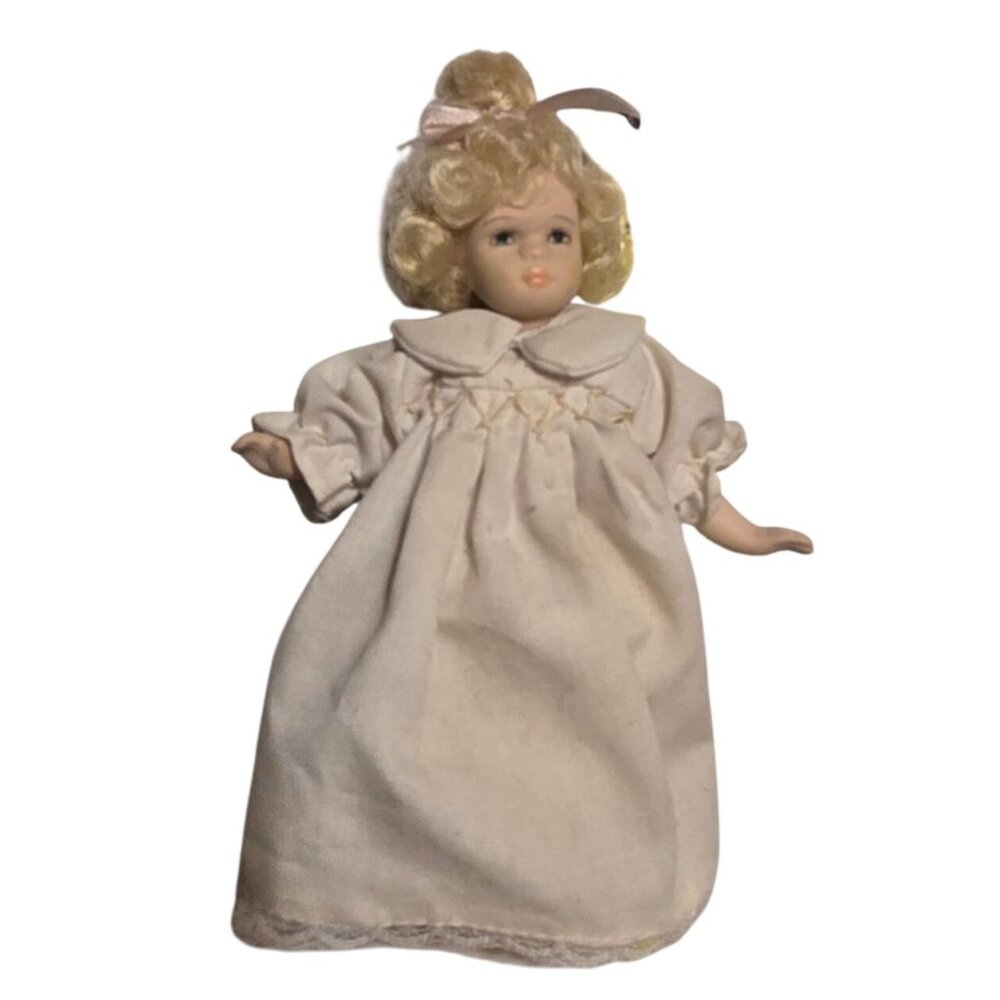 Vintage Porcelain Doll Blonde Hair In White Gown AS IS Collectible Figurine